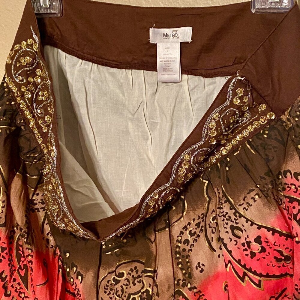 Metro7 Seven Brown Pink Paisley Sequin Beaded Midi Gypsy Skirt Missy Size 12 - Picture 9 of 13